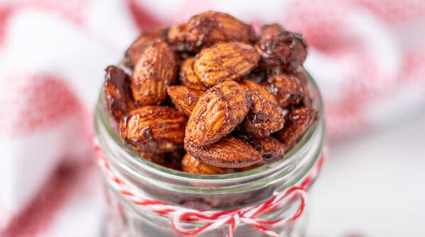 almonds in a jar with a red bow