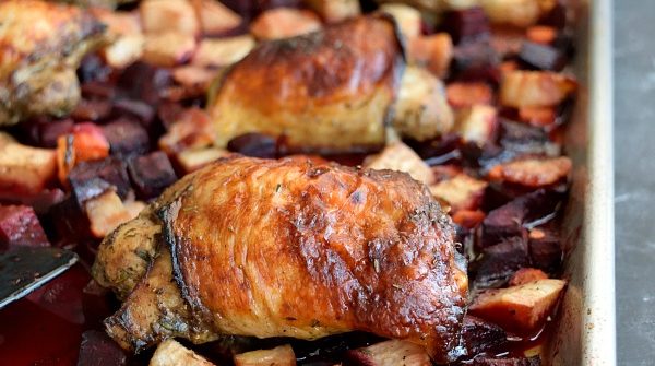Sheet Pan Chicken Dinner featuring winter produce