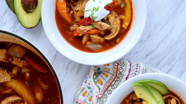 2 bowls and a pot of Chicken Fajita Soup