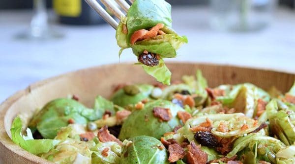Balsamic Brussel Sprout Salad on a fork