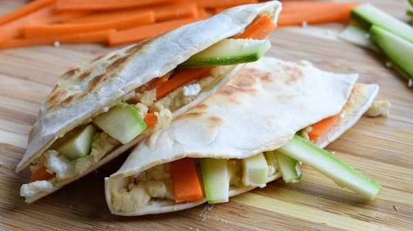 Close up of a Hummus Quesadilla with Feta and Vegetables