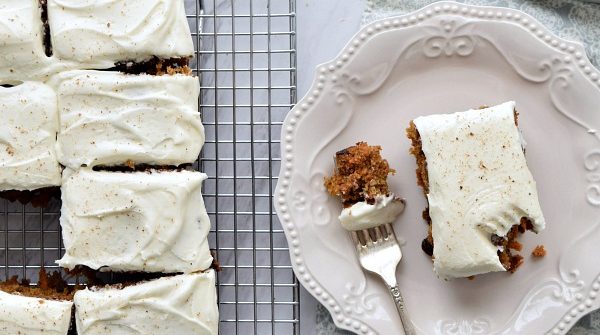 a piece of Orange Carrot Cake with cream cheese frosting