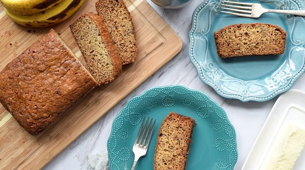 Great Grandma's Banana Bread on two blue plates