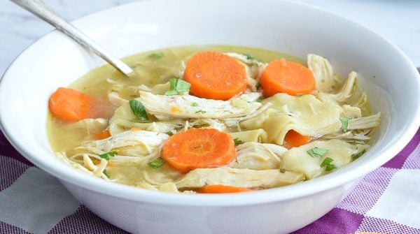 Homestyle Crockpot Chicken Noodle Soup in a white bowl