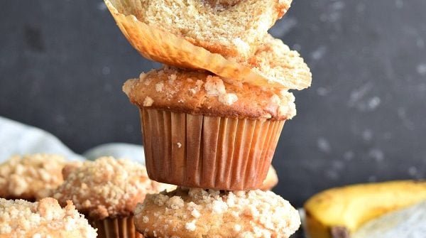 stack of 3 Banana Foster Filled Banana Muffins