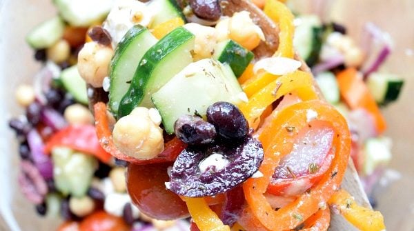 Two Bean Mediterranean Salad up close on a spoon