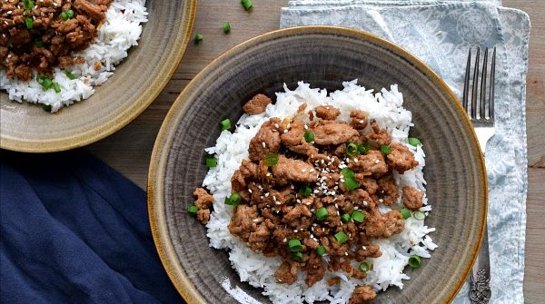 overhead view of two bowls of Korean Turkey over rice