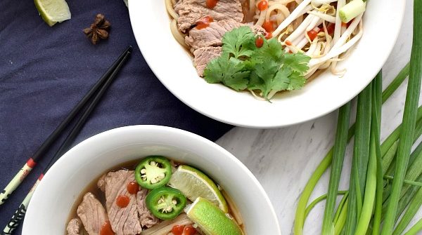 Overhead shot of 2 bowls of beef pho