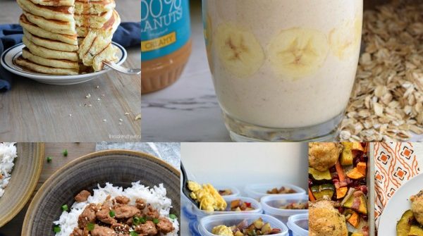 images of pancakes, banana smoothie, korean ground turkey, meal prep potato breakfast, and one pan fall dinner