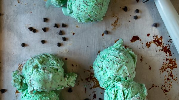 Homemade Mint Chocolate Chip Ice Cream - 3 cones laying on a sheet