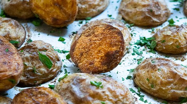 A close up of Crispy Oven Roasted Baby Yukon Potatoes