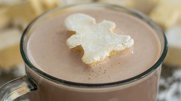 a homemade gingerbread marshmallow in a cup of hot chocolate