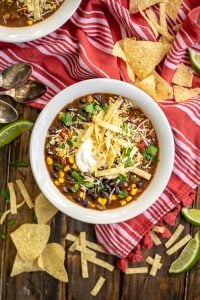 Overhead shot of a bowl of Slow Cooker Black Bean Tortilla Soup