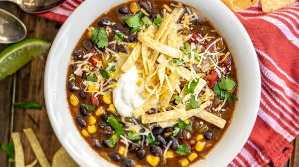 Overhead shot of a bowl of Slow Cooker Black Bean Tortilla Soup