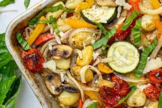 corner of a baked gnocchi and vegetables sheet pan meal