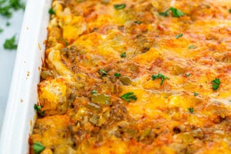 freshly baked overnight tex mex egg bake in a white dish