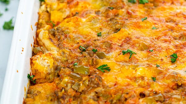 freshly baked overnight tex mex egg bake in a white dish