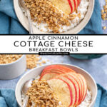 Pinterest Pin with text 'Apple Cinnamon Cottage Cheese Breakfast bowl', image of a bowl on a blue towel filled with cottage cheese, apple slices, and granola.