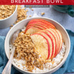 Pinterest Pin with text 'Apple Cinnamon Cottage Cheese Breakfast bowl', image of a bowl on a blue towel filled with cottage cheese, apple slices, and granola.