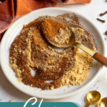 Pinterest pin with text overlay 'Chai Spice Mix', image of plate with piles of spices that make chai.