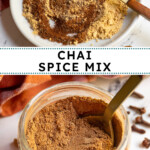 Pinterest pin with text overlay 'Chai Spice Mix', image of jar filled with spice blend and a spoon.