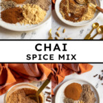 Pinterest pin with text overlay 'Chai Spice Mix', image of jar filled with spice blend and a spoon.