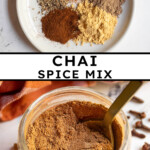 Pinterest pin with text overlay 'Chai Spice Mix', image of jar filled with spice blend and a spoon.