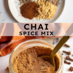 Pinterest pin with text overlay 'Chai Spice Mix', image of jar filled with spice blend and a spoon.