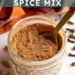 Pinterest pin with text overlay 'Chai Spice Mix', image of jar filled with spice blend and a spoon.