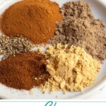 Pinterest pin with text overlay 'Chai Spice Mix', image of plate with piles of spices that make chai.