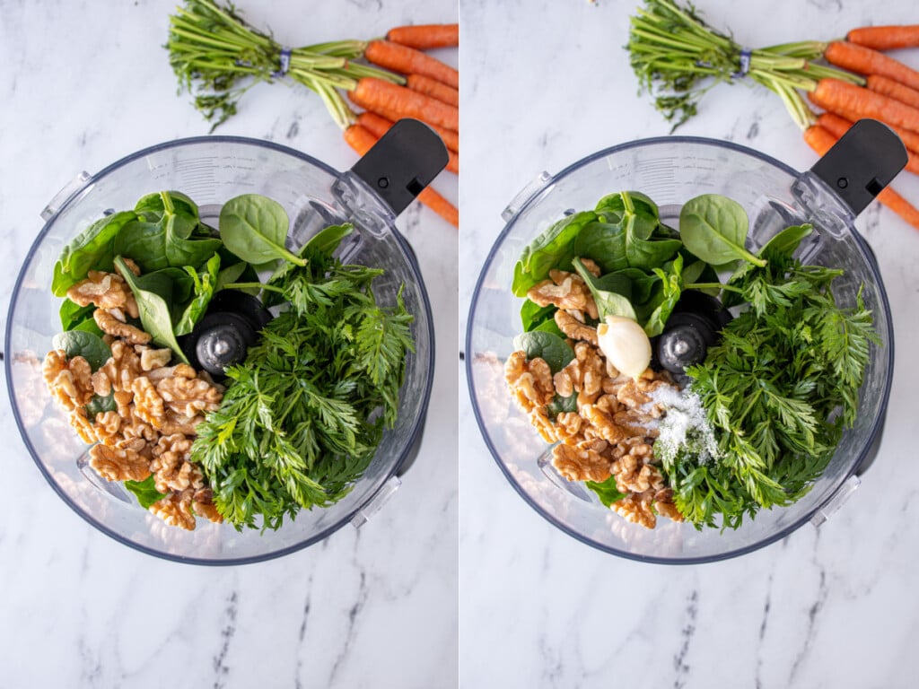 Steps showing adding walnuts, garlic, and salt to a food processor before making carrot top pesto.