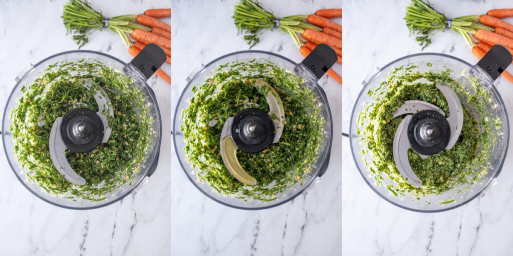Steps showing blending the carrot top pesto in a food processor.
