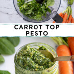 Pinterest pin with text overlay "Carrot Top Pesto", image of a glass jar with green carrot top pesto.