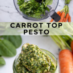 Pinterest pin with text overlay "Carrot Top Pesto", image of a glass jar with green carrot top pesto.
