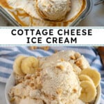 Pinterest Pin with text overlay "Cottage Cheese Ice Cream", image of a bowl filled with banana cottage cheese ice cream.