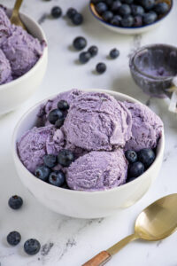 A white bowl with blueberry ice cream a and fresh blueberries.