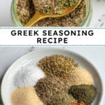 Pinterest Pin with text overlay "Greek Seasoning Recipe", image of a jar with a resting spoon full of greek seasoning.