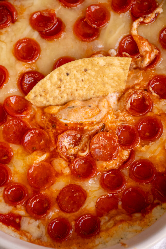 A warm cottage cheese pizza dip with a tortilla chip in the gooey cheese.