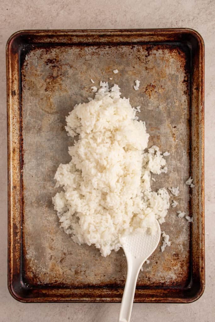 Adding the cooked rice to a sheet pan.
