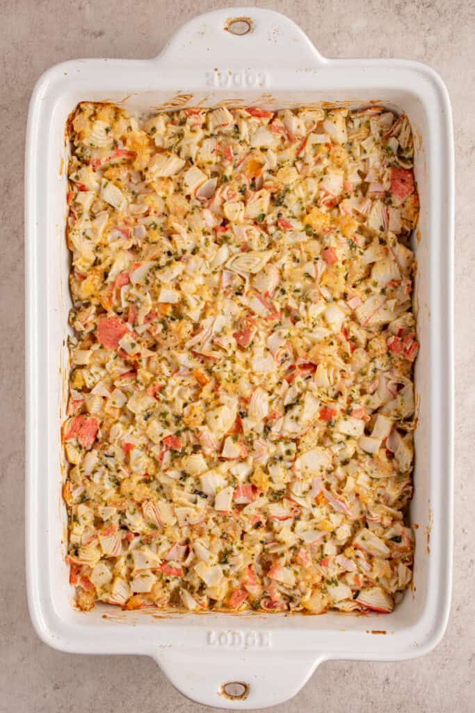 Cooked sushi bake casserole fresh from the oven.