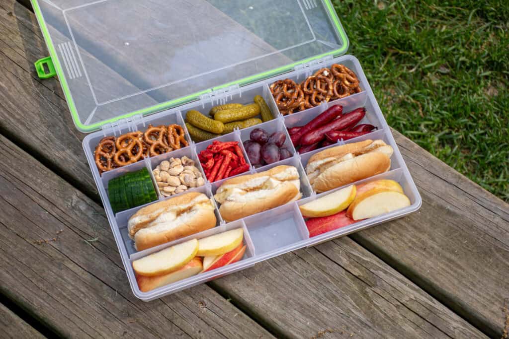 Snack box filled with different snacks.