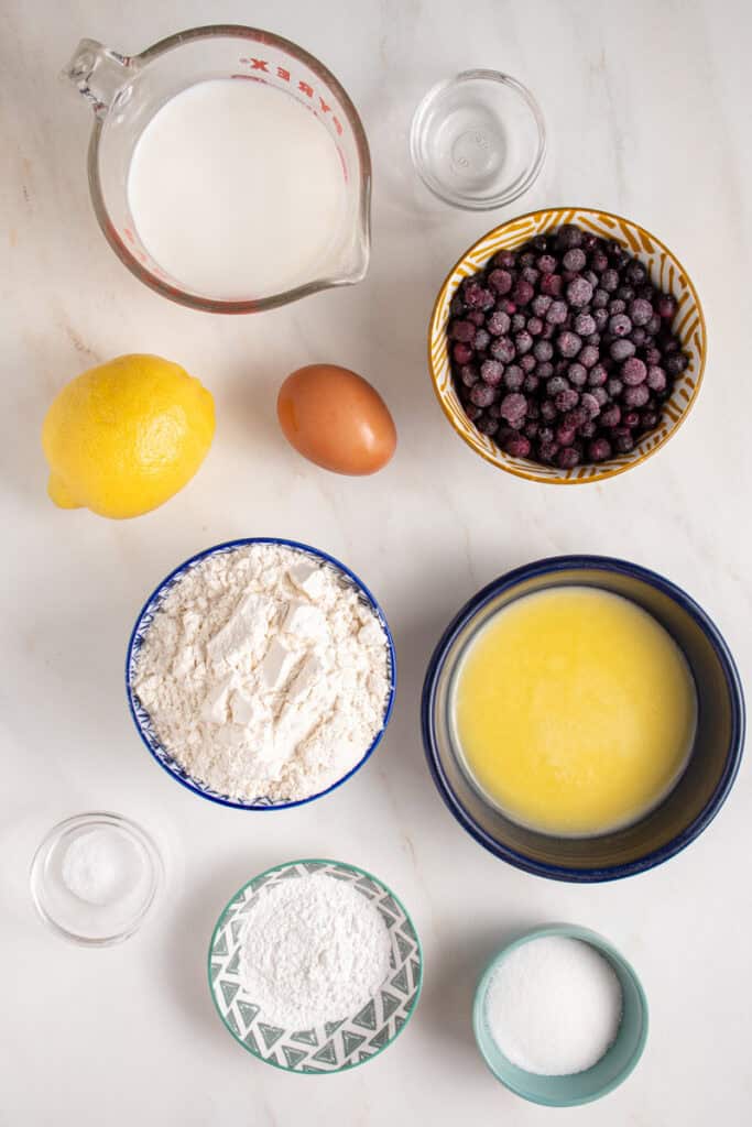Ingredients for making lemon blueberry pancakes.