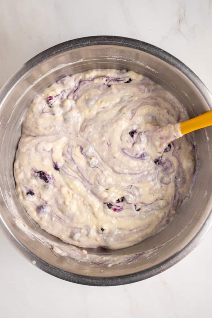 Pancake batter with frozen wild blueberries.
