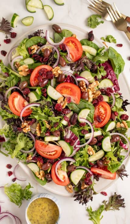 A large platter full of spring mix salad with tomatoes, cucumbers, red onion, walnuts, dried cranberries, and olives.