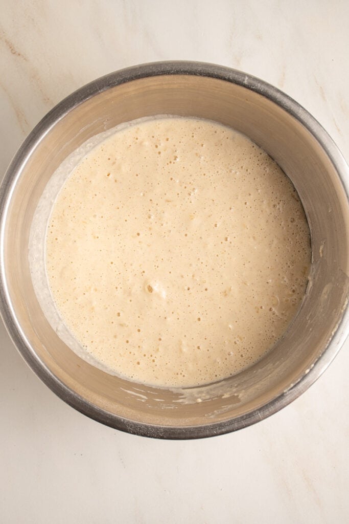 Pancake batter in a mixing bowl.